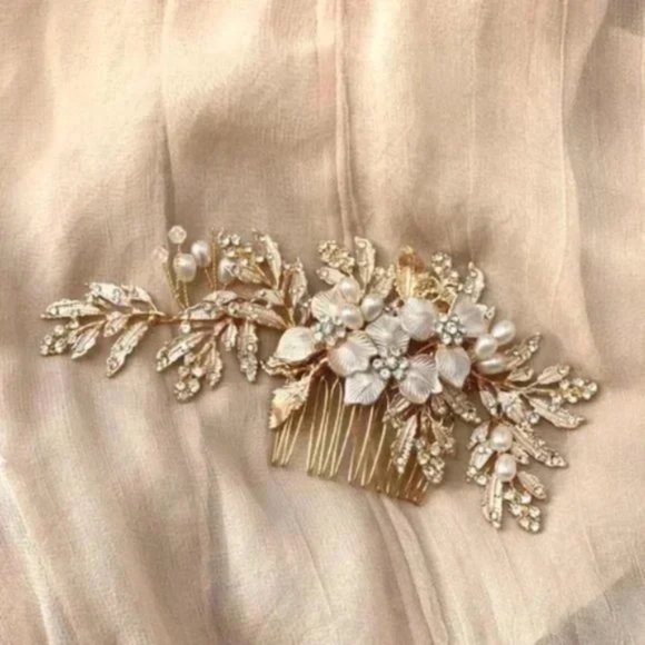 Bridal Wedding Bride Gold Rhinestone Hair piece Comb leaves flower main image 5